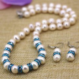 Necklace Earrings Set 9-10mm Natural White Pearl Beads Chain For Women Elegant Gifts Blue Crystal Spacers Jewelry 18inch B3110