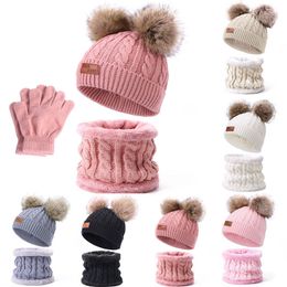 Beanie/Skull Caps Winter Child Beanie Hat With Bib Gloves Sets 3 Pom Baby Double Hairball Knitted Caps Girl Warm Wool Thickened Neck Cover 230814