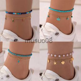 Anklets Tocona Bohemian Colourful Beaded Gravel Double Layer Feet Chain Men and Women Geometric Alloy Dropped Oil Anklet Summer Jewellery J230815