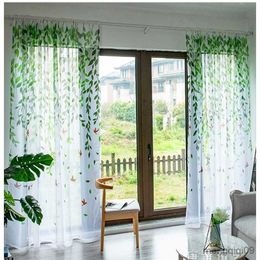 Curtain 100*200cm Printed Willow Leaf Tulle Window Screens Sheer Voile Door Curtains Drape Panel Scarf Assorted European Style Curtains R230815