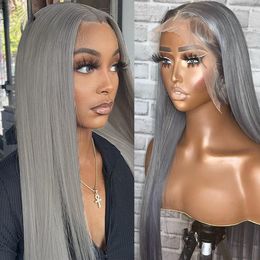 Brazilian Human Hair Grey Coloured Lace Front Wigs For Women HD Transparent Lace Grey Frontal Wig Pre Plucked Bone Straight Wig Synthetic Mixed Preplucked