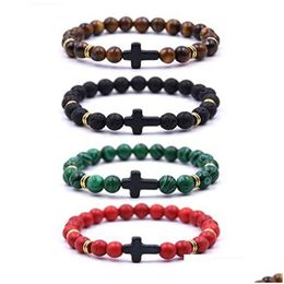 Identification Personality White Turquoise Volcanic Rocks Tigerss Eye Bead Bracelet Men Womens Natural Gemstone Cross Charms Stackab Dhylk