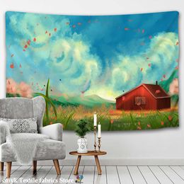 Tapestries Red House Painting Tapestry Wall Hanging Blue Sky Grassland Dormitory Studio Wall Decor