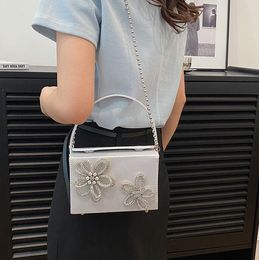 Factory wholesale ladies shoulder bags 6 colors small fresh solid color satin hard box handbag flower dish flower western style chain bag studded handbags 7035#