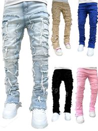 Men's ihs Jeans Regular Fit Stacked Patch Distressed Destroyed Straight Denim Pants Streetwear Clothes Casual Jean