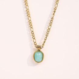 Chains Fashion INS Mint Green Natural Stone Necklace Elliptical Azonite Collarbone 18k Gold Plated Chain Titanium Steel