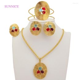 Necklace Earrings Set Luxury Zirconia Women Dubai 18K Gold Plated Wedding MultiColor African Bracelet Ring Jewellery