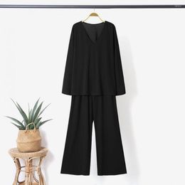 Women's Two Piece Pants V-neck Tops Long Set Versatile Outfit Sleeve Elastic Waistband Wide Leg With For Spring