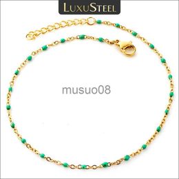 Anklets LUXUSTEEL Bohemian Green Blue Yellow Beads Chain Anklets Stainless Steel Summer Ankle Brelet Body Jewellery Gifts For Women Girl J230815