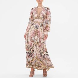 Abito designer australiano in seta a manica lunga rosa stampato floreale vestito lungo cristallino fatto a mano