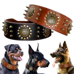 Dog Apparel Leather Large Collar Pitbull Spiked Studded Collars for Medium Big Dogs Genuine Durable Pet Brown 230814