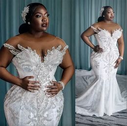 African Arabic Charming Mermaid Wedding Dresses Illusion Full Lace Appliques Crystal Beading Cap Sleeves Chapel Train Formal Bridal Gowns Plus Size