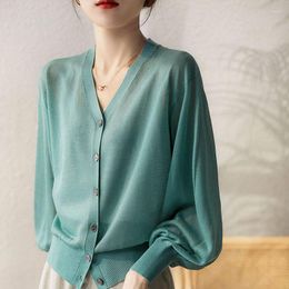 Women's Knits Cardigan Women Thin Sun Protection V Neck Summer Knitted Simple Casual Elegant Korean Solid Sheer Tops Single Breasted Blouse