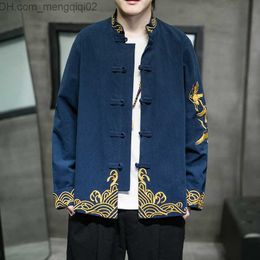 Men's Jackets Autumn and Winter Chinese Men's Cotton Linen Embroidery Contrast Colour Set Two Piece Vertical Collar Loose Pants Z230816