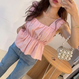 Women's Blouses Tanks Camis Tops Tees Slim Square Sleeveless Blouse Crop White Ruffle Shirt Camisas Shirts Chemise Femme Blusas Mujer