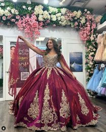 Burgundy Gillter Princess Quinceanera Dresses with Cape Sequins Skirt Applique Lace-up Corset vestidos de 15 quinceaneras charro