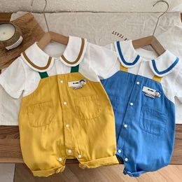 Rompers 2023 Summer born Baby Boy Clothes Short Sleeve Turn Down Collar Patchwork Pocket Romper Jumpsuit Outfits Birthday Costume 230814