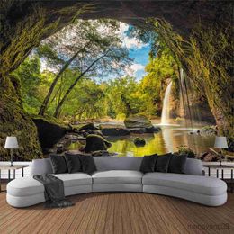 Tapestries Natural forest landscape tapestry jungle waterfall wall hanging art home decoration hippie yoga sheets R230815