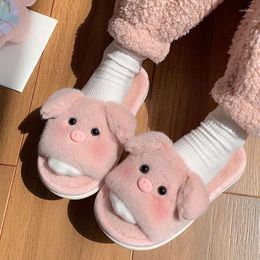 Slippers Cartoon Girl Heart Plush Cotton Autumn And Winter Indoor Home Flat Bottom One Word Cute Piggy