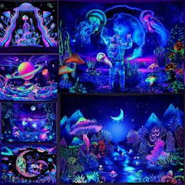 Tapestries Astronauts UV escent Tapestry Black Light Aesthetic Wall Hanging Hippie for Bedroom Indie Room Decor 230815