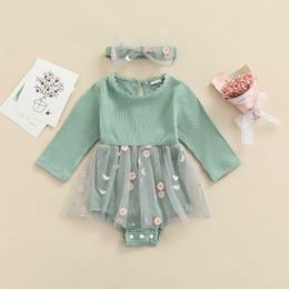 Girl's Dresses Newborn Infant Baby Girls Rompers Dress Cotton Playsuit Infant Sweet Long Sleeve Floral Tulle Jumpsuits Headband Outfit