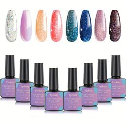 Glitter Gel Nail Polish Kit, 8Pcs Shiny Gel Polish Set UV LED Curing Need, Soak Off Gel Varnish Kit With Starry Effect For Manicure DIY At Home Gift For Women