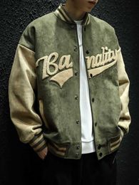 Men's Jackets Spring and Autumn Vintage Green Bomber Jacket Men's Jacket Hand Embroidery Trend Couple Baseball Uniform Men's Jacket Z230816