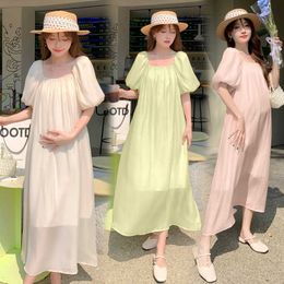 Pregnant Woman Summer Dress Puff Sleeve Square Collar Solid Color Maternity Beach Dress Long Loose Pregnancy Holiday Clothes
