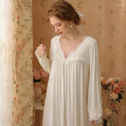 Women's Sleepwear Women Modert Cotton Spandex Dress V--Collar Princess Sleepshirts Vintage Lantern Sleeves Loose Pyjamas Lace Nightdress
