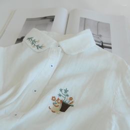 Women's Blouses 2023 Green Embroidery Long Sleeve Shirt Kitty Embroidered White Cotton Top