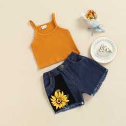 Clothing Sets 2pcs Summer Girls Clothes Sets 1-6Y Sleeveless Solid Colour Tank Tops Sunflower Denim Shorts Clothing