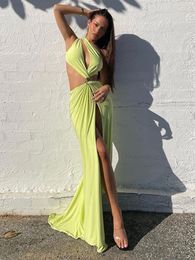 Casual Dresses TEMUSCOLA One Shoulder Hollow Out Bodycon Green Dress Women Solid Sleeveless Backless Elegant Split Maxi Evening Female