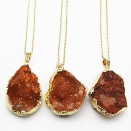 Pendant Necklaces Natural Raw Ore Stone Druzy Orange Irregular Onyx Agate Gilt Edge Stainless Steel Chain Necklace Charms Jewellery Gift 1Pc