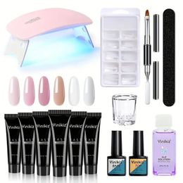 6 Colours Poly Nail Extension Gel Kit - Builder Glue Gel With Nail Lamp Slip Solution Base Top Coat Set Nail Forms French Manicure Set For Beginner Starter DIY At Home