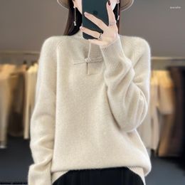 Women's Sweaters Autumn And Winter Wool Cashmere Sweater Retro Buckle Stand Collar Loose Pullover Knitted Bottoming