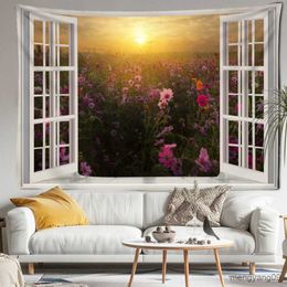 Tapestries Window Flower Field Landscape Tapestry Wall Hanging Natural Scenery Bedroom Living Room Home Decor R230815