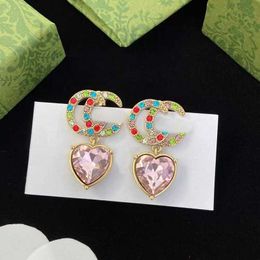 Charm Designer Colorful Diamond Sparkling Pink Love Shape Earrings English Letter Brass Material Sweet Temperament Earstuds XRW6