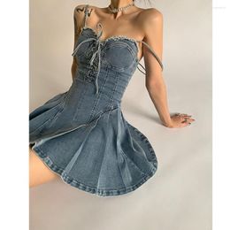 Casual Dresses Sexy Spaghetti Strap Women Denim Dress Bandage Summer Sweet Girls Bodycon Slip A-line Pleated Club Streetwear