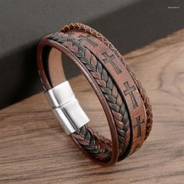 Charm Bracelets Cross Design Leather Bracelet For Men 19/21/23cm Hand-Woven Multilayer Punk Bangles Fashion Jewelry Gifts