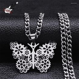Pendant Necklaces Steampunk Butterfly Mechanical Gear Necklace Stainless Steel Vintage Insect Chain Jewelry Corrente Masculina N3385S06