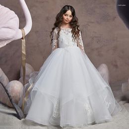 Girl Dresses Long White Lace Flower For Wedding Party With Full Sleeve Illusion Sheer Neck Appliques First Communion Dress Puffy