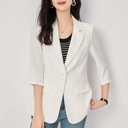 Women's Suits Elegant Blazers For Women White Black Coats Notched Collar Three Quarter Sleeve Blazer Slim Solid Office Lady Work Suit