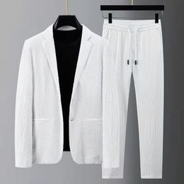 Men s Suits Blazers Men Suit Drawstring Pants Sets Tracksuit Spring Autumn Pleated Thin Casual Outfits Black White Single Button 230814