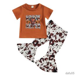 Clothing Sets Toddler Kids Girls Clothes Set Cow Head Letter Print Short Sleeve T-Shirts and Flare Pants 2Pcs Suit R230815