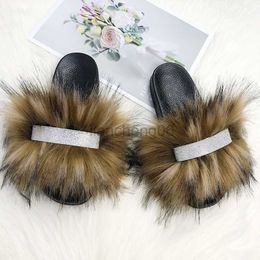 Slippers Faux Fur Slippers Summer Rhinestone Slippers 2021 Fluffy Slippers For Home Sandals Women Flip Flops Ladies Slides Big Size 44-45 X230519