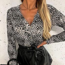 Women's Blouses Leopard Printed Shirts For Women Fashion Button Down V Neck And Tops Casual Long Sleeve Blouse Blusa Mujer Moda 2023