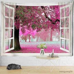 Tapestries Sunset Seaside Window Landscape Painting Tapestry Wall Hanging Hippie Art Aesthetics Room Decor R230815