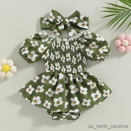 Girl's Dresses Princess Newborn Baby Girl Bodysuits Short Sleeve Cotton Baby Summer Clothes Flowers Print Cute Romper Dress with Headband R230815