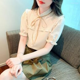 Women's Blouses Summer Casual Chiffon Shirt Short Sleeve Bow Blusa Korean Fashion Beautiful Blouse Tops