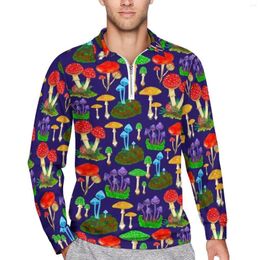 Men's Polos Mushroom Foray Polo Shirt Spring Colourful Mushrooms Zipper Casual Long Sleeve Collar Streetwear Graphic Oversize T-Shirts